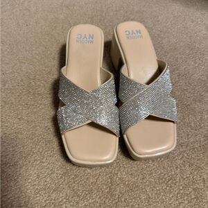 Steve Madden Silver and Cream Rhinestone Mules